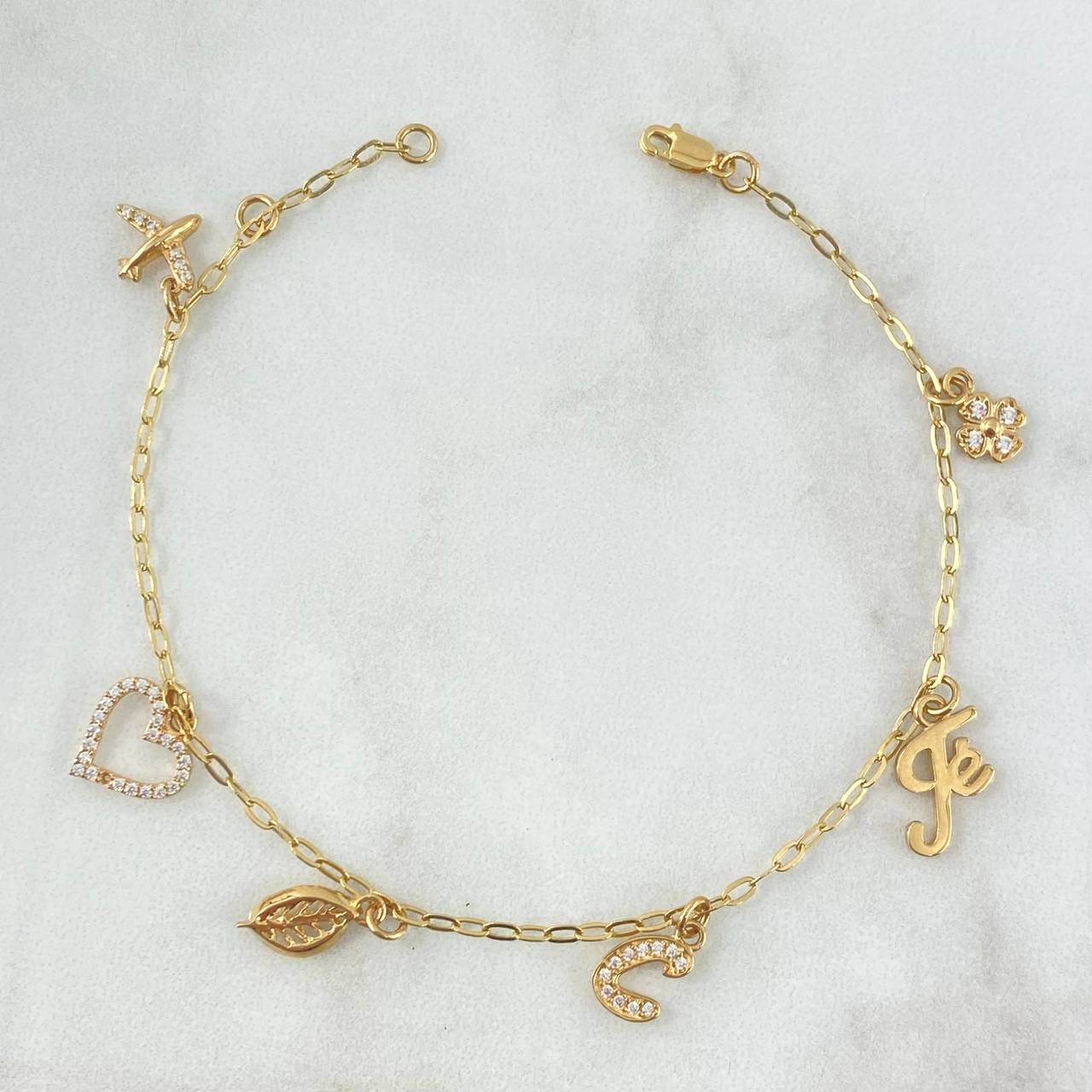 Bracelet Box 4.5gr / 20.5cm / "Airplane - Heart - Leaf - Letter C - Faith - Clover" 18K Yellow Gold