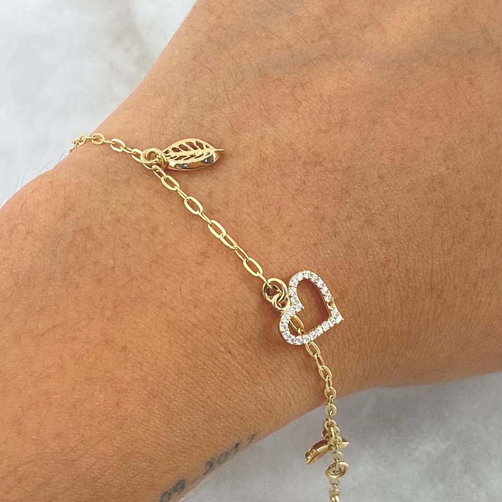 Bracelet Box 4.5gr / 20.5cm / "Airplane - Heart - Leaf - Letter C - Faith - Clover" 18K Yellow Gold