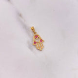 Pendant Hamsa Hand 1.5gr / 2.4cm / Heart Fuchsia White Zircons 18K Yellow Gold &