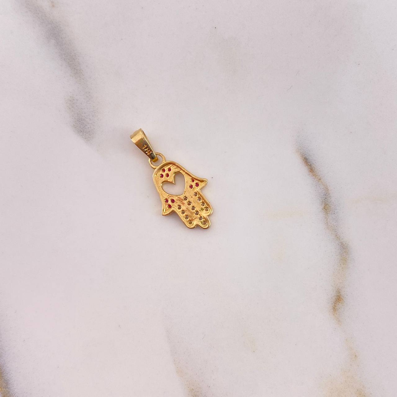 Pendant Hamsa Hand 1.5gr / 2.4cm / Heart Fuchsia White Zircons 18K Yellow Gold &