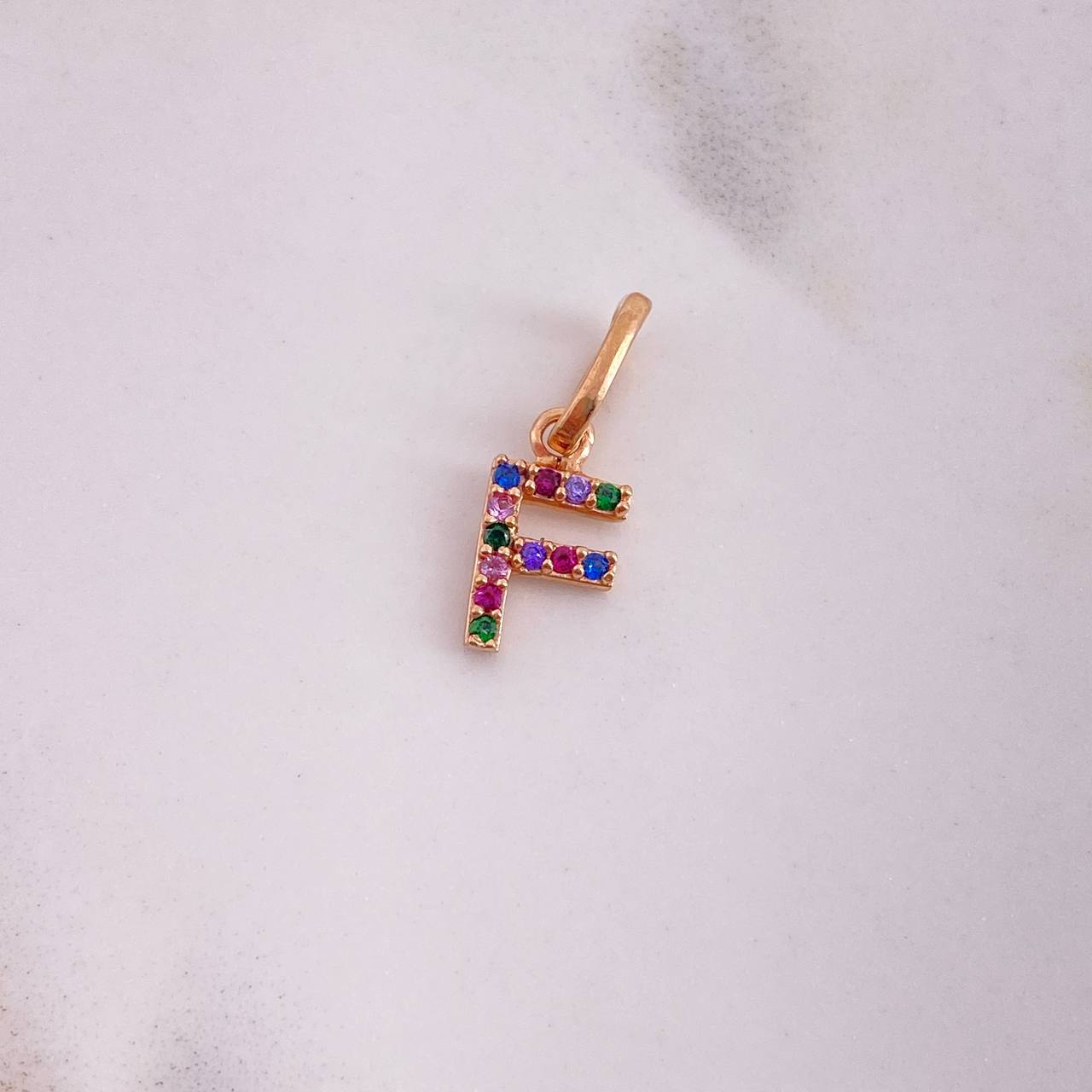 Pendant Letter F 0.5gr / 1.5cm / Colored Zircons 18K Rose Gold #