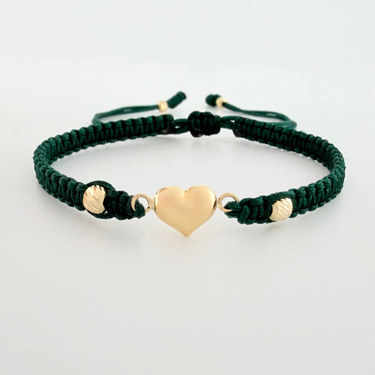 Green Woven Bracelet Heart Diamond Cut Beads Yellow Gold 18K