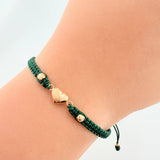 Green Woven Bracelet Heart Diamond Cut Beads Yellow Gold 18K