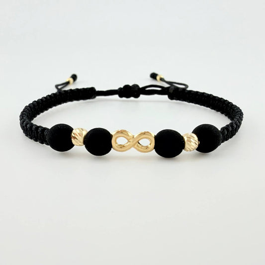Pulsera Tejida Negra Infinito Bolas Diamantadas Oro Amarillo 18K
