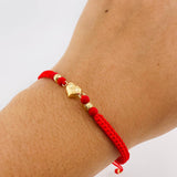 Red Woven Bracelet Heart Diamond Cut Beads Yellow Gold 18K