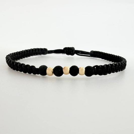 Pulsera Tejida Negra Bolas Lisas Oro Amarillo 18K