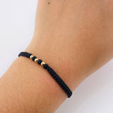 Black Woven Bracelet Plain Beads Yellow Gold 18K