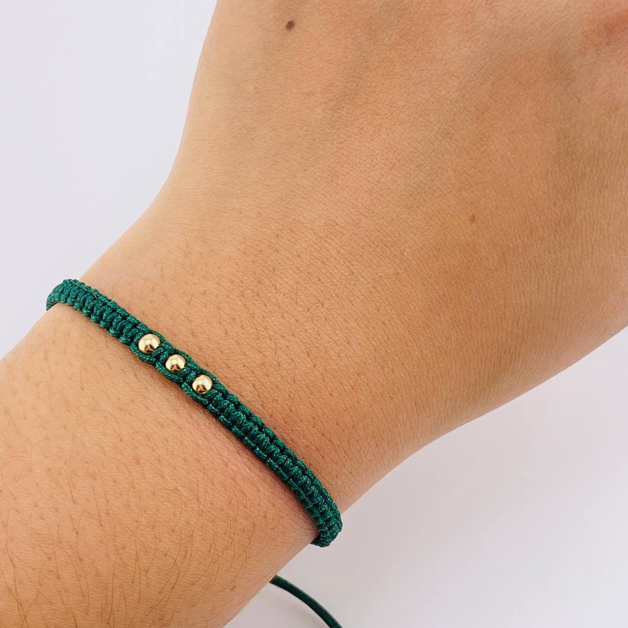 Green Woven Bracelet Plain Beads Yellow Gold 18K