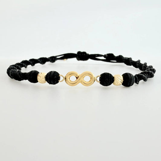 Pulsera Tejida Negra Infinito Bolas Diamantadas Oro Amarillo 18K