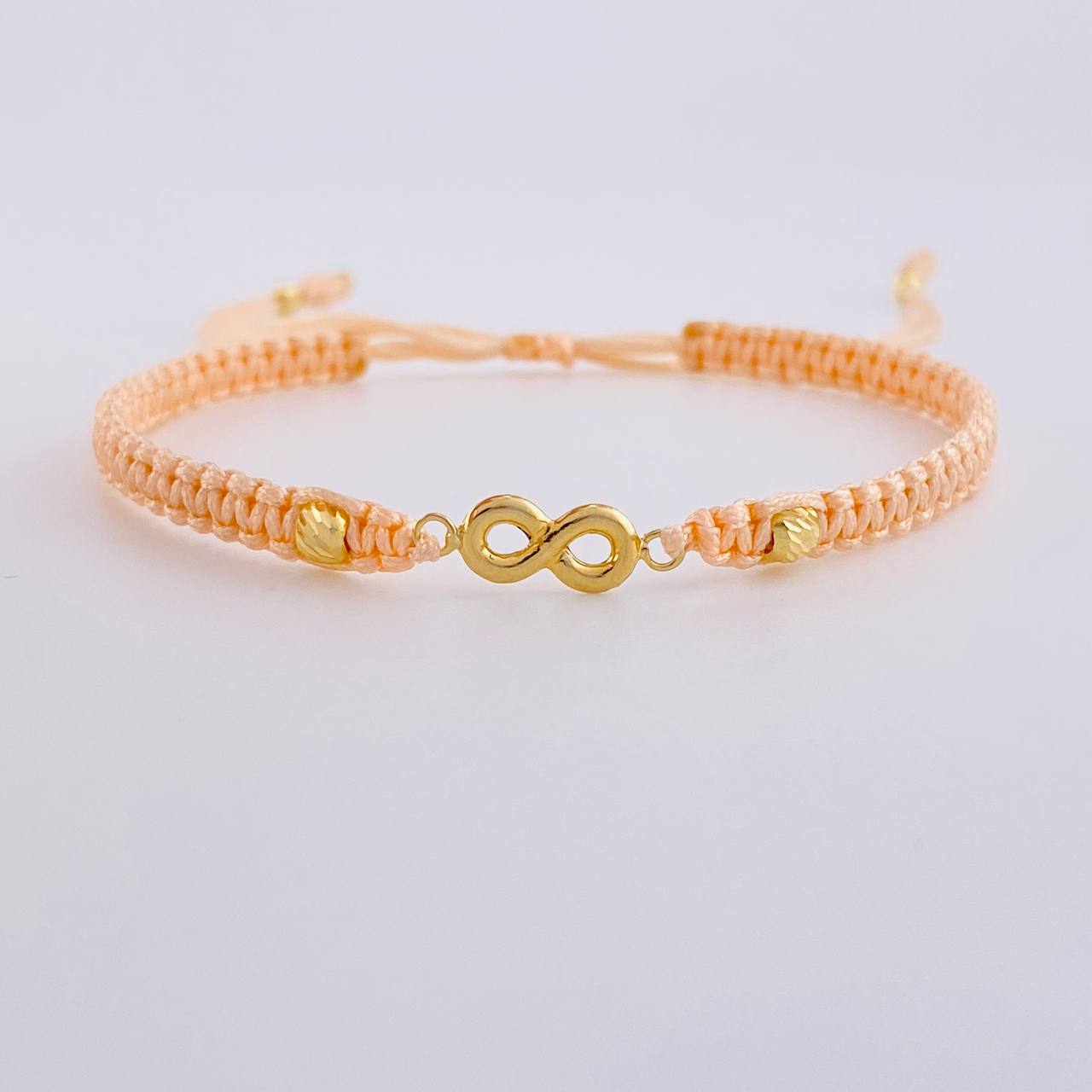 Pink Woven Bracelet Infinity Diamond Cut Beads Yellow Gold 18K