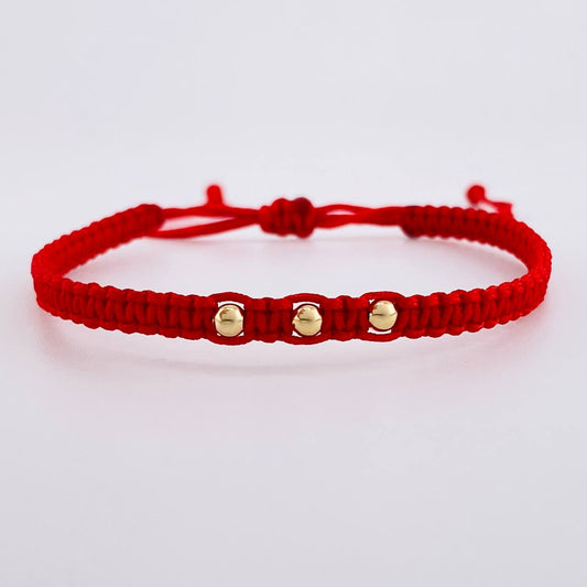 Pulsera Tejida Roja Bolas Lisas Oro Amarillo 18K