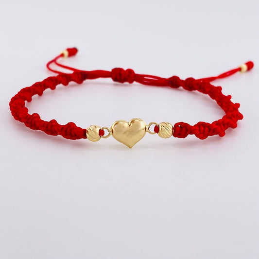 Pulsera Tejida Roja Corazón Bolas Diamantadas Oro Amarillo 18K