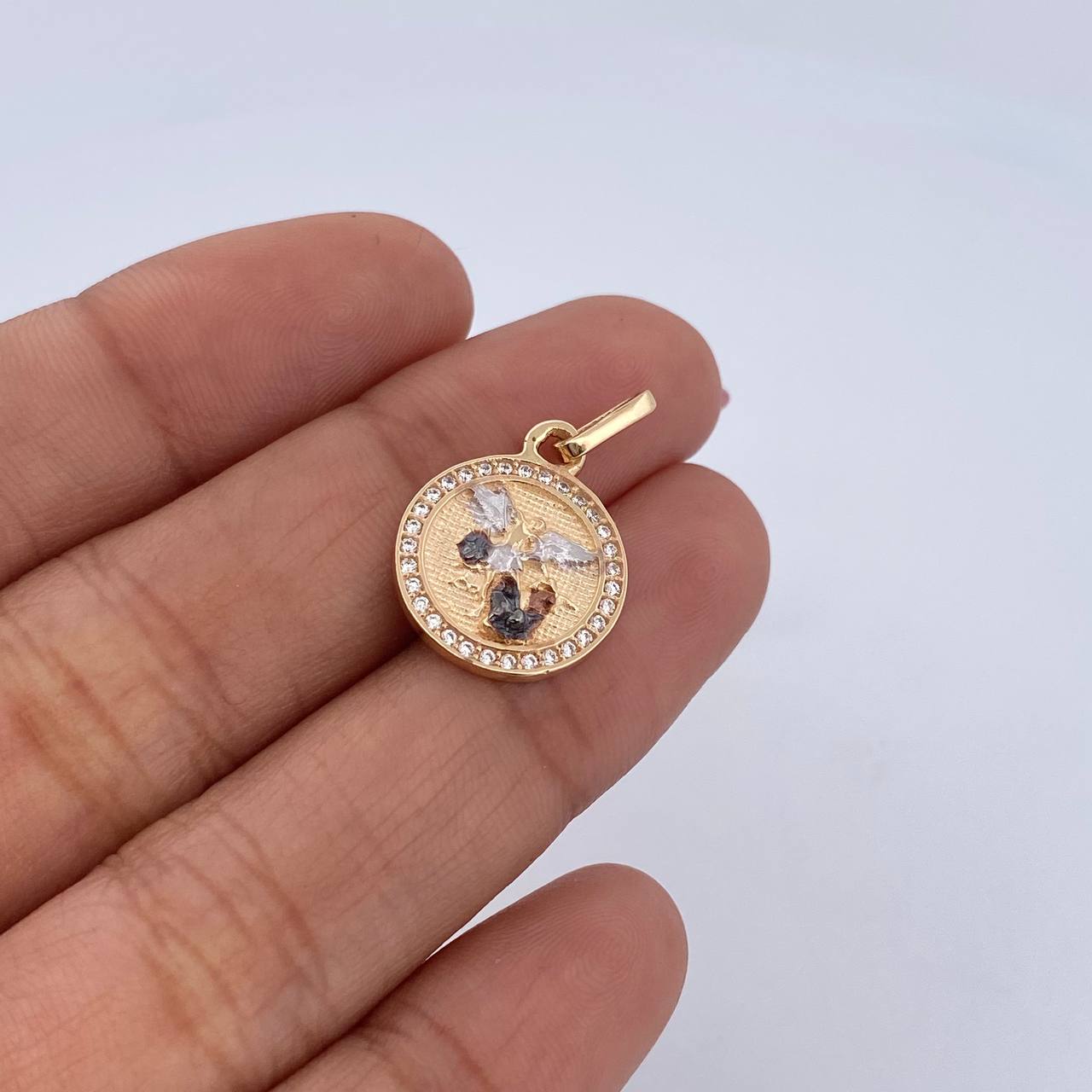 Pendant San Miguel Archangel 2.35gr / 2.2cm / White Zirconia Three 18K Golds &