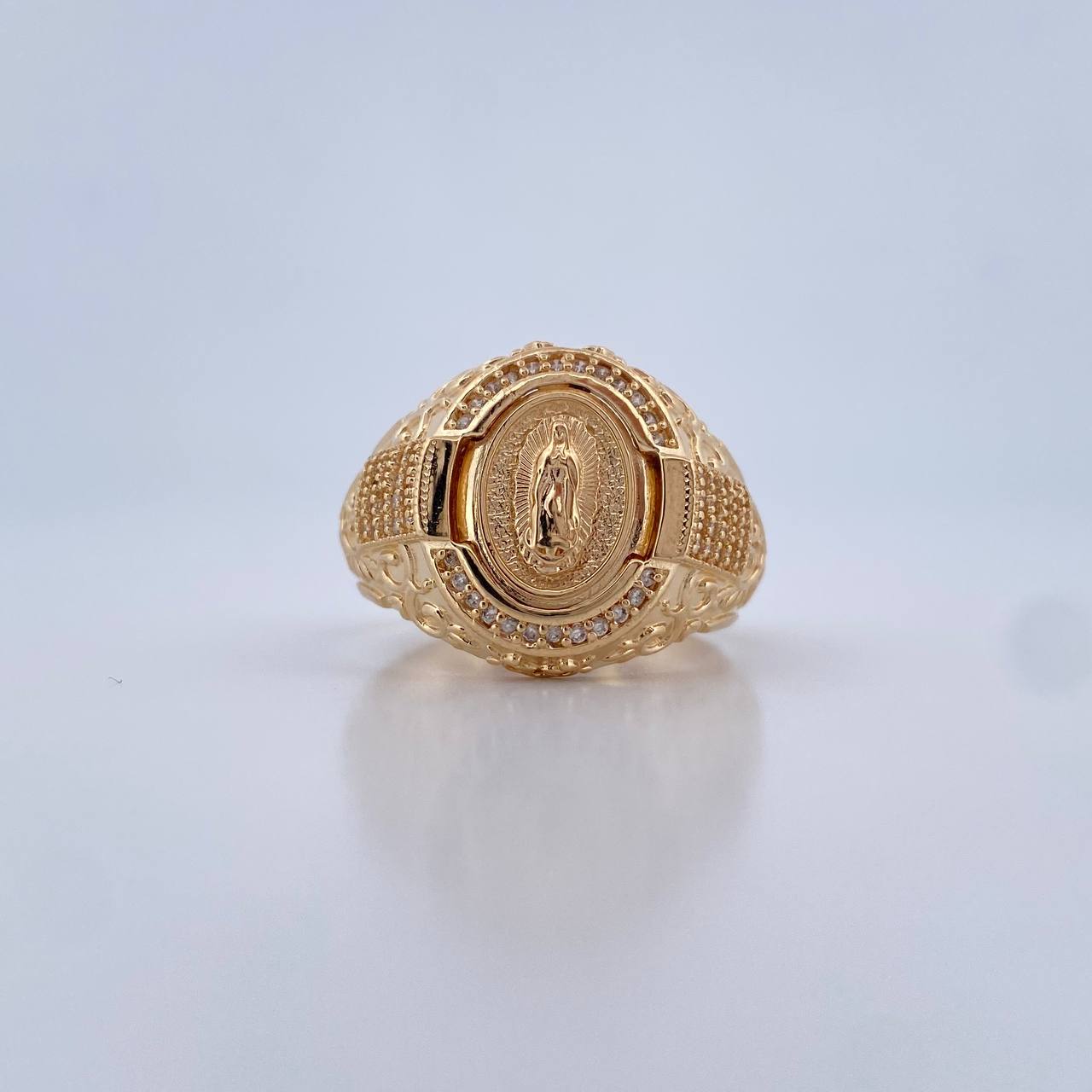 Virgin Guadalupe Ring 11.1gr / Size 11 1/2 / White Zircons 18K Yellow Gold &