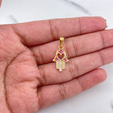 Pendant Hamsa Hand 1.5gr / 2.4cm / Heart Fuchsia White Zircons 18K Yellow Gold &