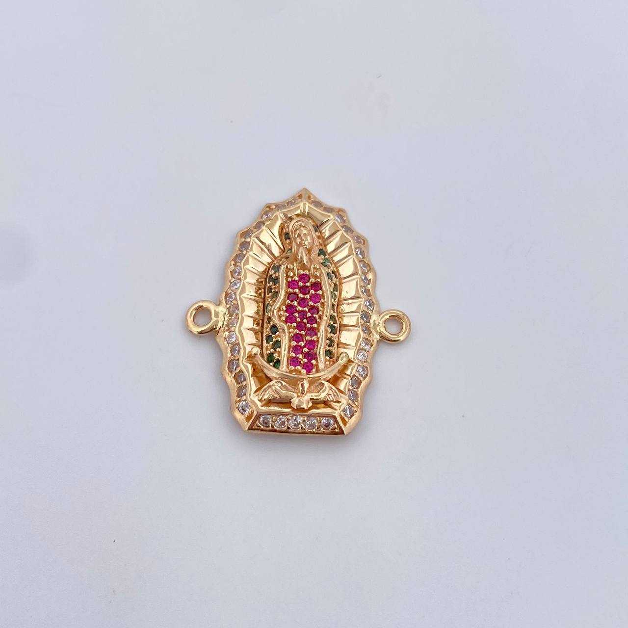 Charm Virgin Guadalupe 4.75gr / 2.6cm / Green Fuchsia White Zircons 18K Yellow Gold &