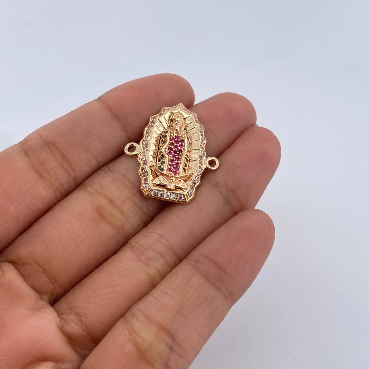 Charm Virgin Guadalupe 4.95gr / 2.6cm / Green Fuchsia White Zircons 18K Yellow Gold &