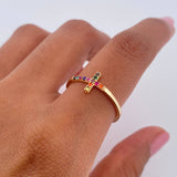 Cross Ring 1.35gr / Size 7 1/2 / Colored Zircons 18K Yellow Gold &