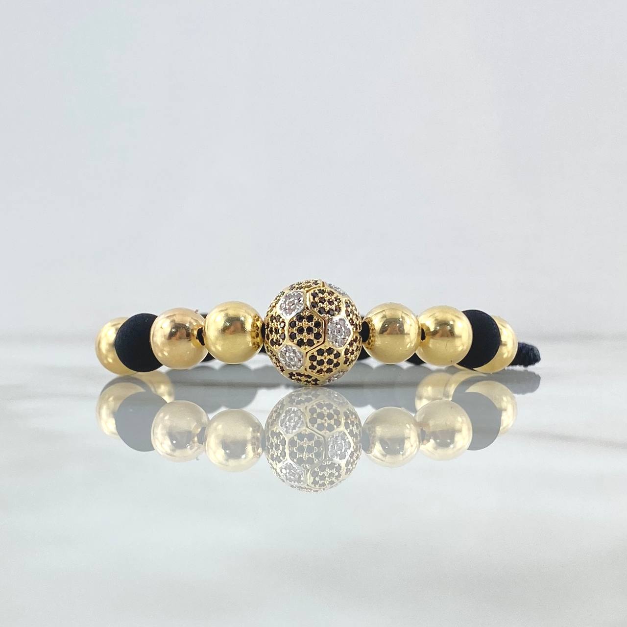 Pulsera Negra Balón de Fútbol 9.1gr / 8mm Bolas Lisas 10und Circones Blancos Negros Oro Amarillo 18K ©
