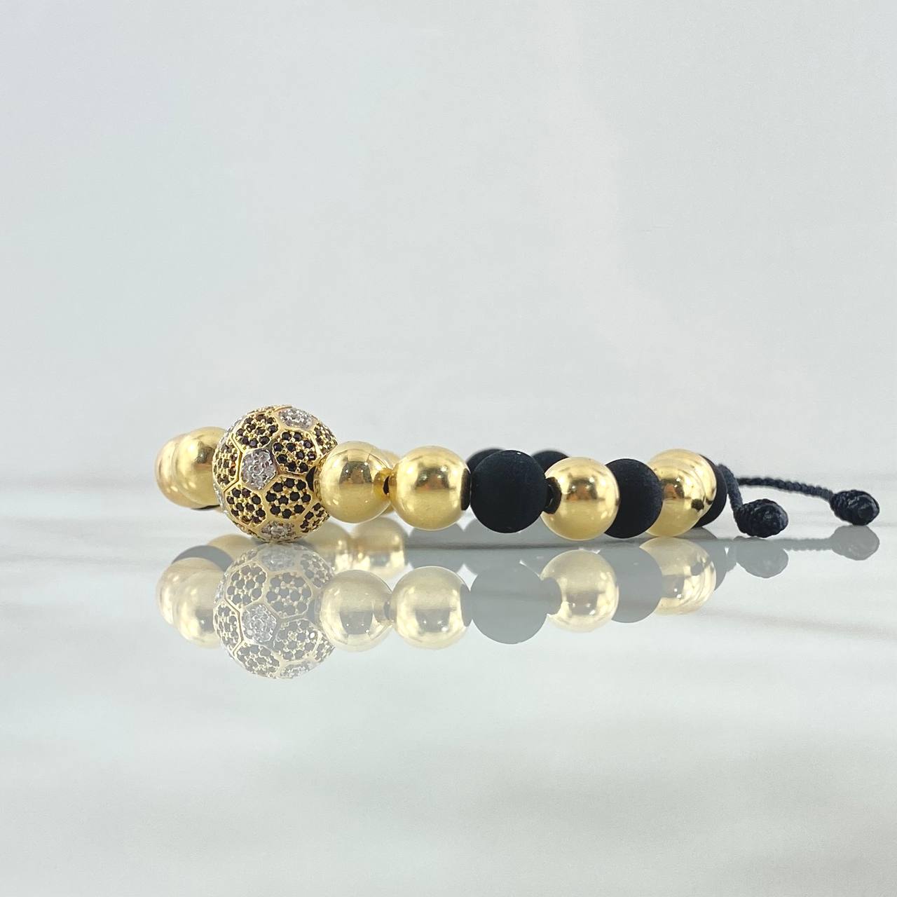 Pulsera Negra Balón de Fútbol 9.1gr / 8mm Bolas Lisas 10und Circones Blancos Negros Oro Amarillo 18K ©
