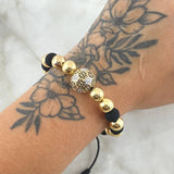 Pulsera Negra Balón de Fútbol 9.1gr / 8mm Bolas Lisas 10und Circones Blancos Negros Oro Amarillo 18K ©