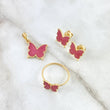 Set Mariposa -Anillo T5 3/4 - Dije 2cm - Topos 9mm 5.85gr / Rosado fresa Oro Amarillo 18K ©