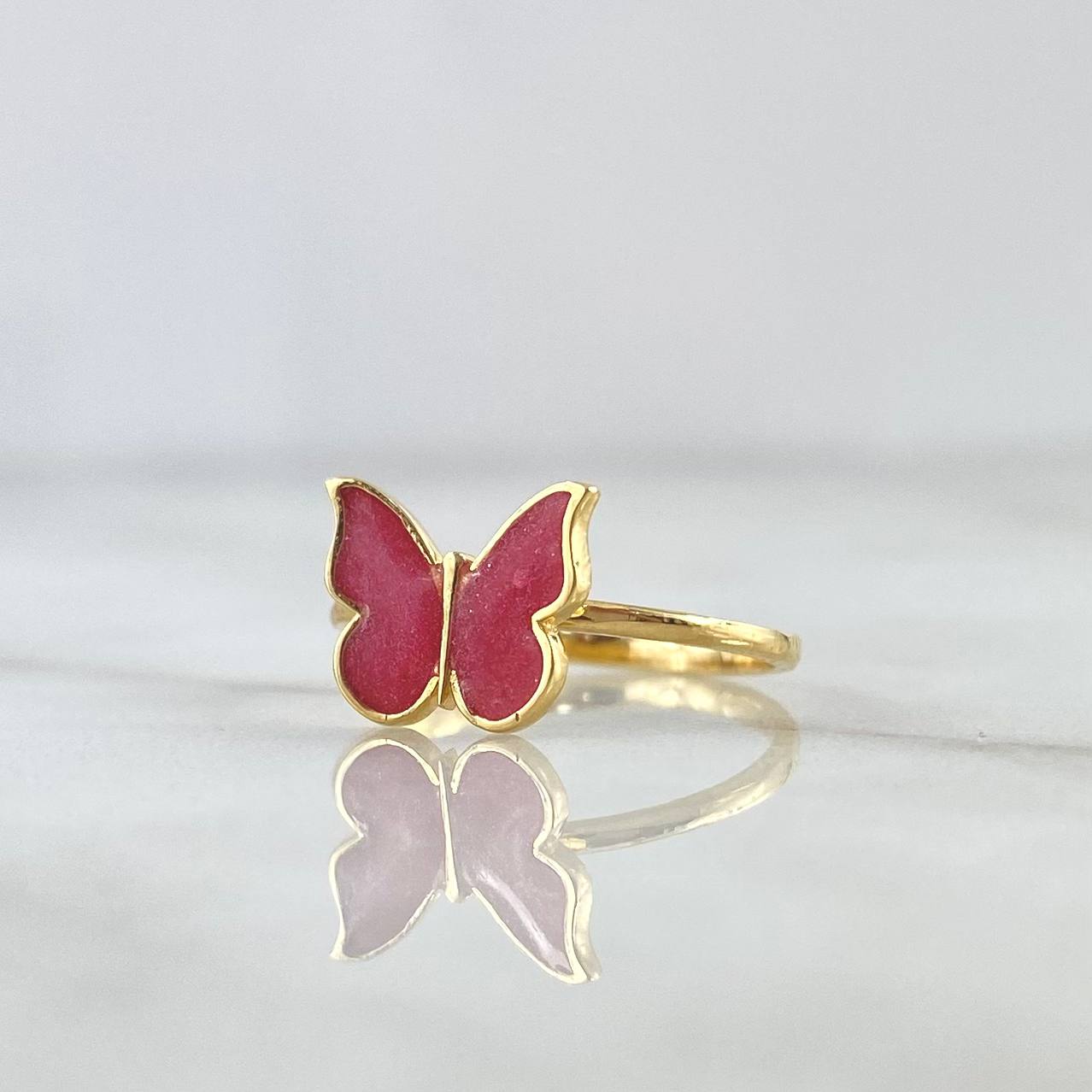 Set Mariposa -Anillo T5 3/4 - Dije 2cm - Topos 9mm 5.85gr / Rosado fresa Oro Amarillo 18K ©