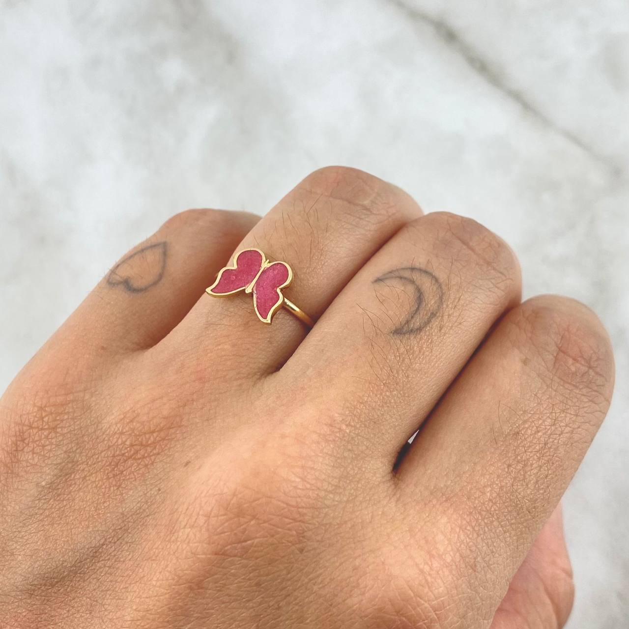 Set Mariposa -Anillo T5 3/4 - Dije 2cm - Topos 9mm 5.85gr / Rosado fresa Oro Amarillo 18K ©