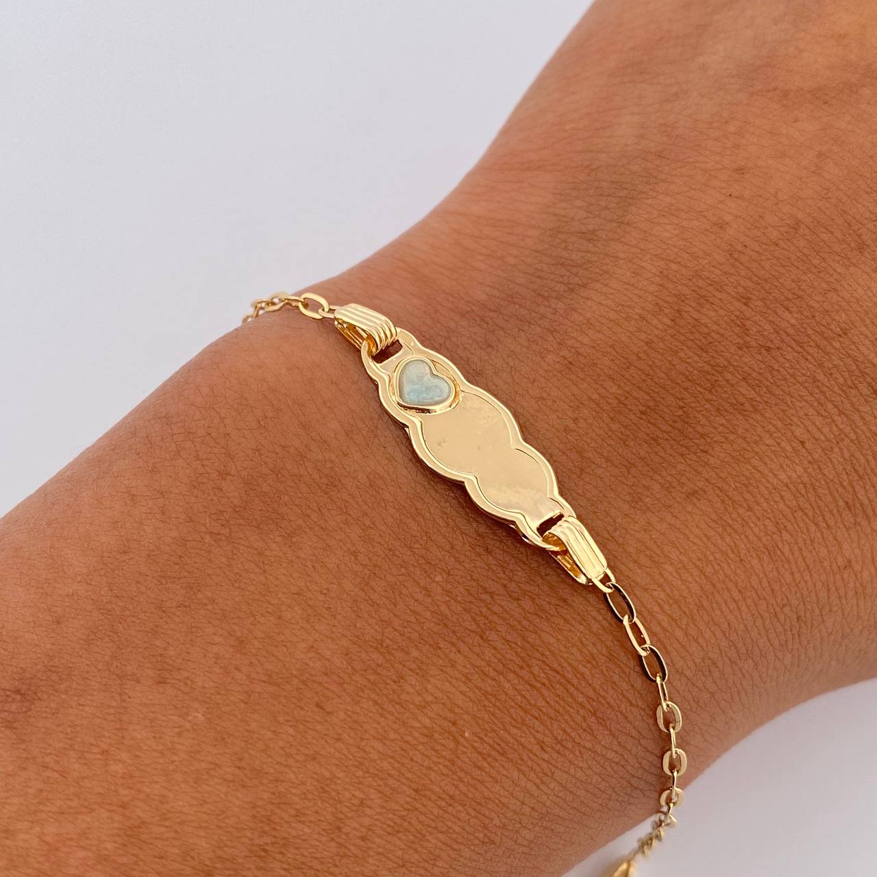 Bracelet Baby Drawer Heart Blue 1.4gr / 13cm-14.5cm / 1.5mm Cloud Edged Yellow Gold 18K &