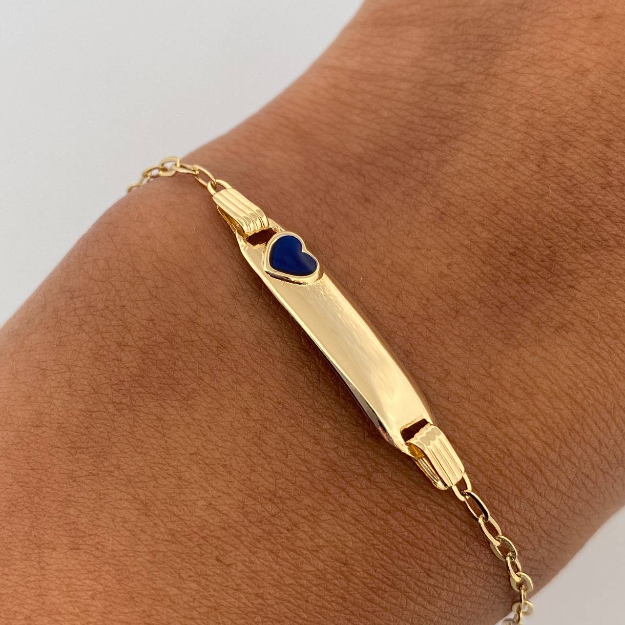 Bracelet Baby Drawer Blue Heart 1.4gr / 13cm-14.1cm / 1.5mm Rectangular Curved Plate 18K Yellow Gold &