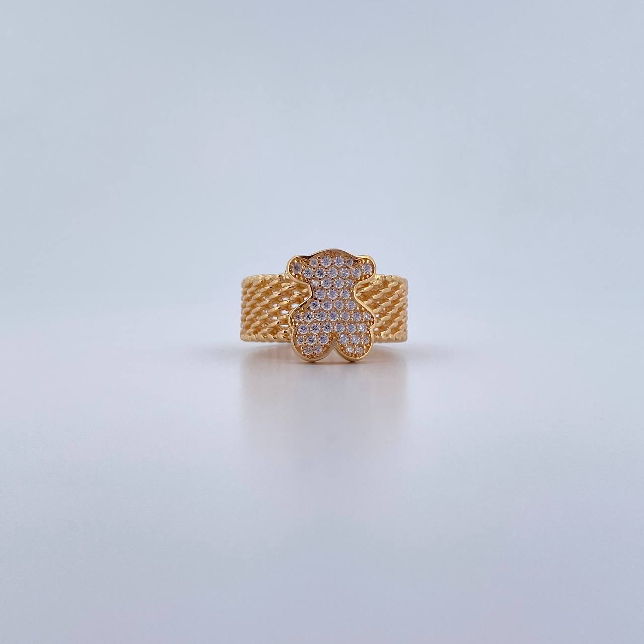 Bear Mesh Ring Ts 7.55gr / Size 6 1/2 / White Zircons 18K Yellow Gold &
