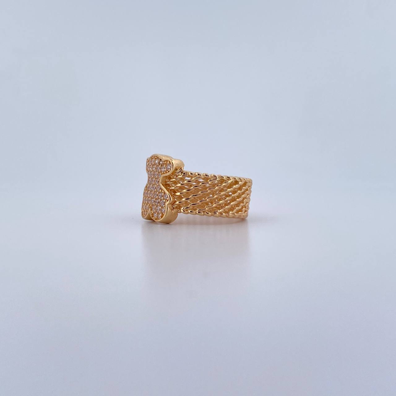 Bear Mesh Ring Ts 7.55gr / Size 6 1/2 / White Zircons 18K Yellow Gold &