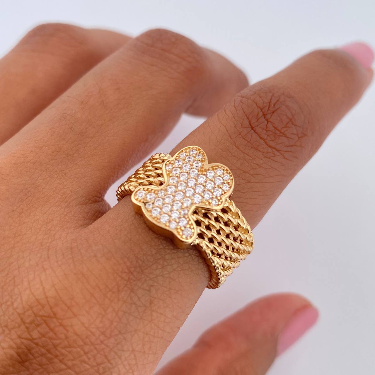 Bear Mesh Ring Ts 7.55gr / Size 6 1/2 / White Zircons 18K Yellow Gold &