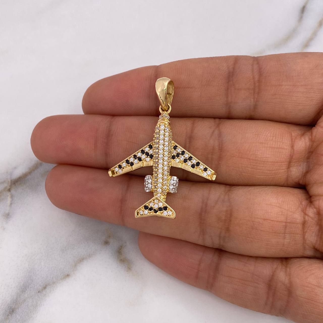 Pendant Airplane 5.1gr / 3.6mm White and Black Zircons Two 18K Yellow and White Golds #