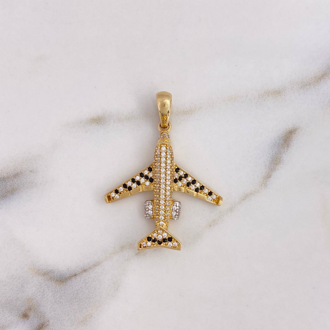 Pendant Airplane 5.1gr / 3.6mm White and Black Zircons Two 18K Yellow and White Golds #