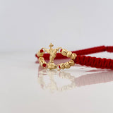 Pulsera Tejida Roja San Miguel Arcángel Bolas Diamantadas Oro Amarillo 18K