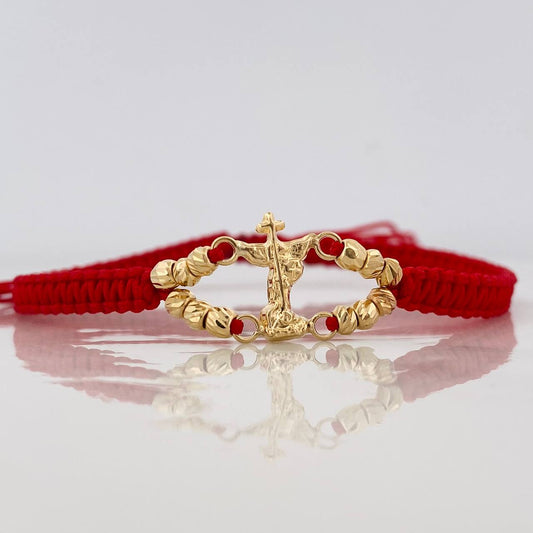 Pulsera Tejida Roja San Miguel Arcángel Bolas Diamantadas Oro Amarillo Oro Amarillo 18K