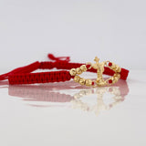 Pulsera Tejida Roja San Miguel Arcángel Bolas Diamantadas Oro Amarillo 18K