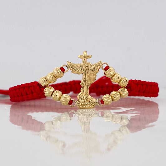 Red Woven Bracelet Saint Michael Archangel Diamond Cut Beads Yellow Gold 18K