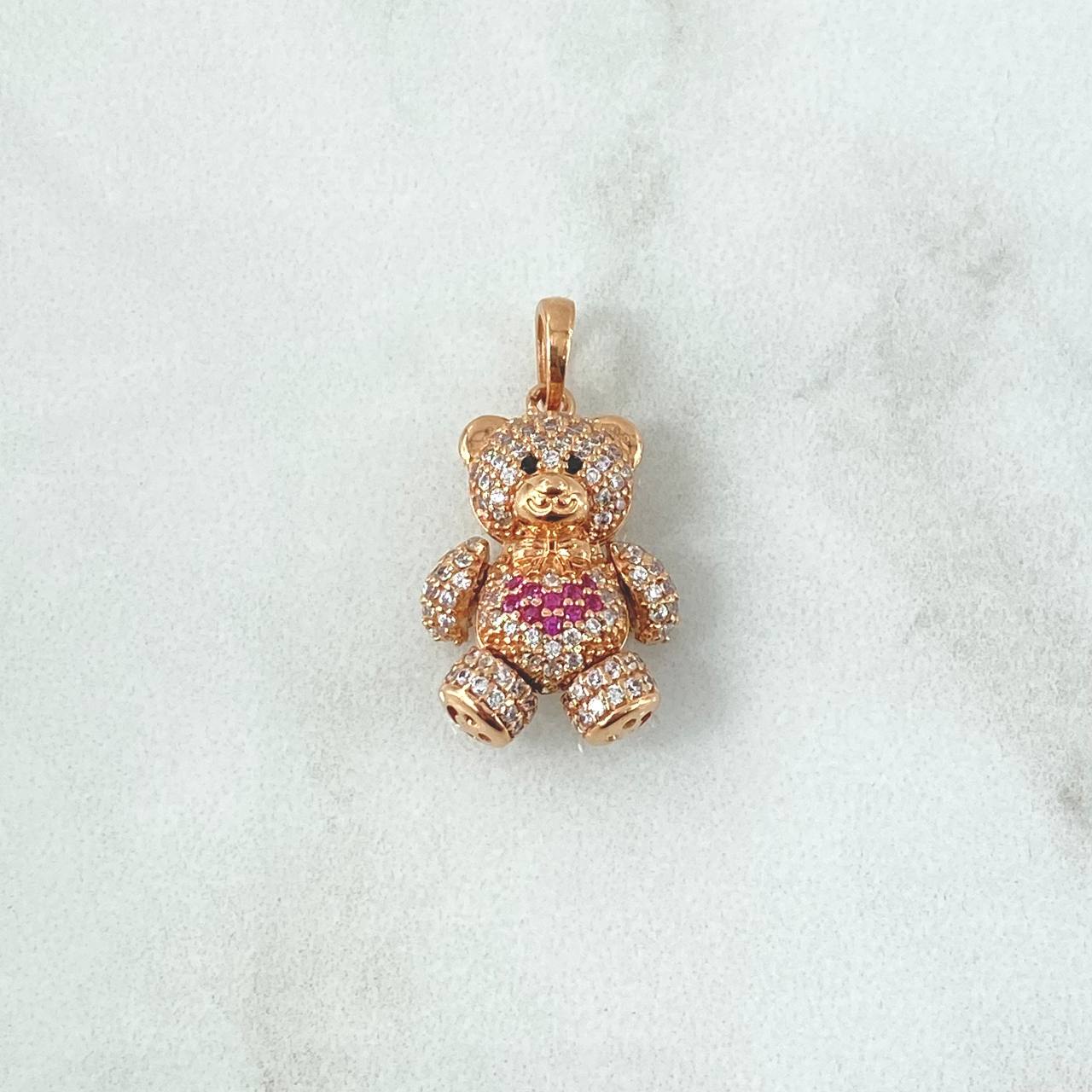 Pendant Bow Tie Bear Heart 4.35gr / 2.6cm-White Fuchsia Zircons Black Eyes 18K Rose Gold