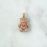 Pendant Bow Tie Bear Heart 4.35gr / 2.6cm-White Fuchsia Zircons Black Eyes 18K Rose Gold