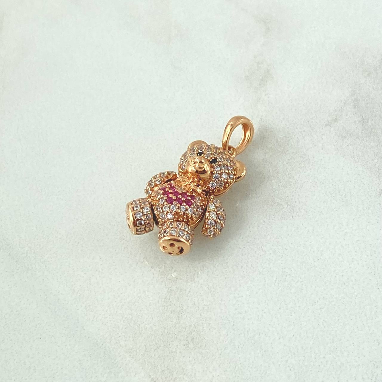 Pendant Bow Tie Bear Heart 4.35gr / 2.6cm-White Fuchsia Zircons Black Eyes 18K Rose Gold