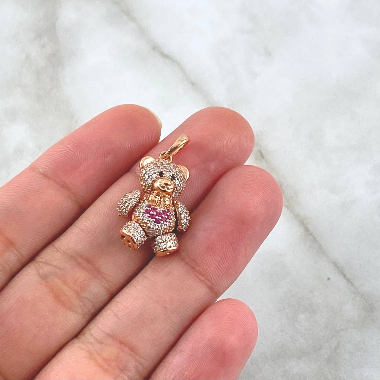 Pendant Bow Tie Bear Heart 4.35gr / 2.6cm-White Fuchsia Zircons Black Eyes 18K Rose Gold