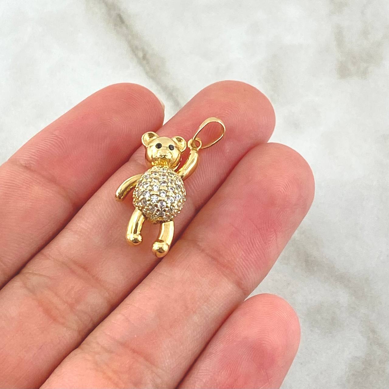 Pendant Bear Hand Up 4.35gr / 2.6cm-Articulated White Zircons Smooth 18K Yellow Gold