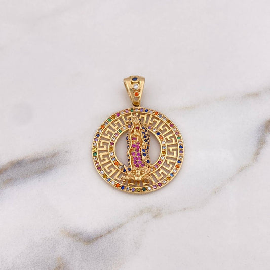 Pendant Virgin Guadalupe 7.45gr / 3.7cm / Tribal Colored Zircons 18K Yellow Gold &