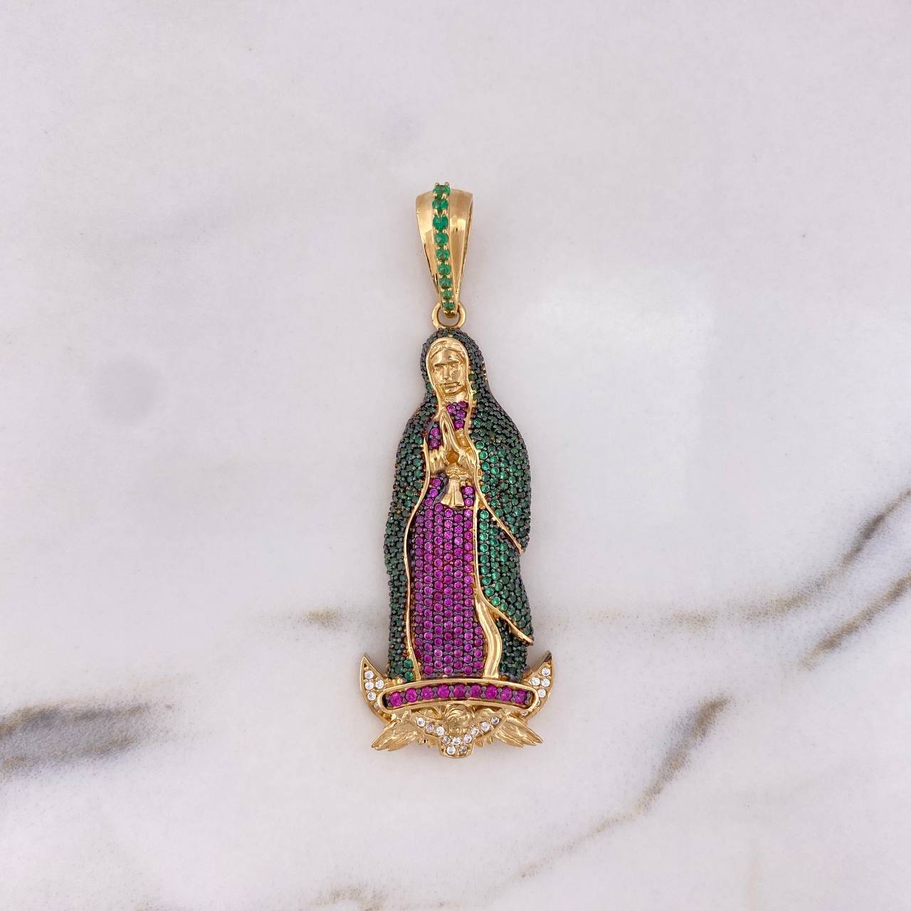 Dije Virgen Guadalupe 13.5gr / 6.4cm / Circones Verdes-Fucsias-Blanco Oro Amarillo 18K #