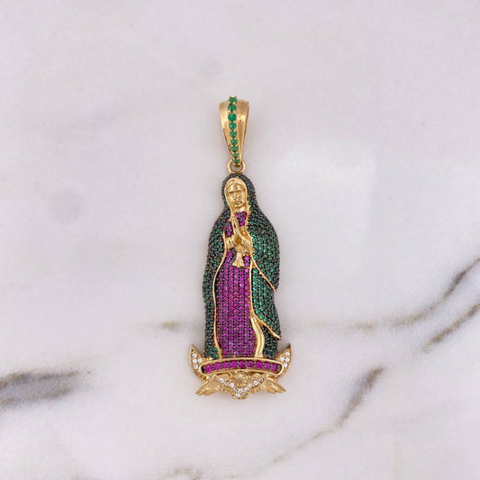 Dije Virgen Guadalupe 13.5gr / 6.4cm / Circones Verdes-Fucsias-Blanco Oro Amarillo 18K #