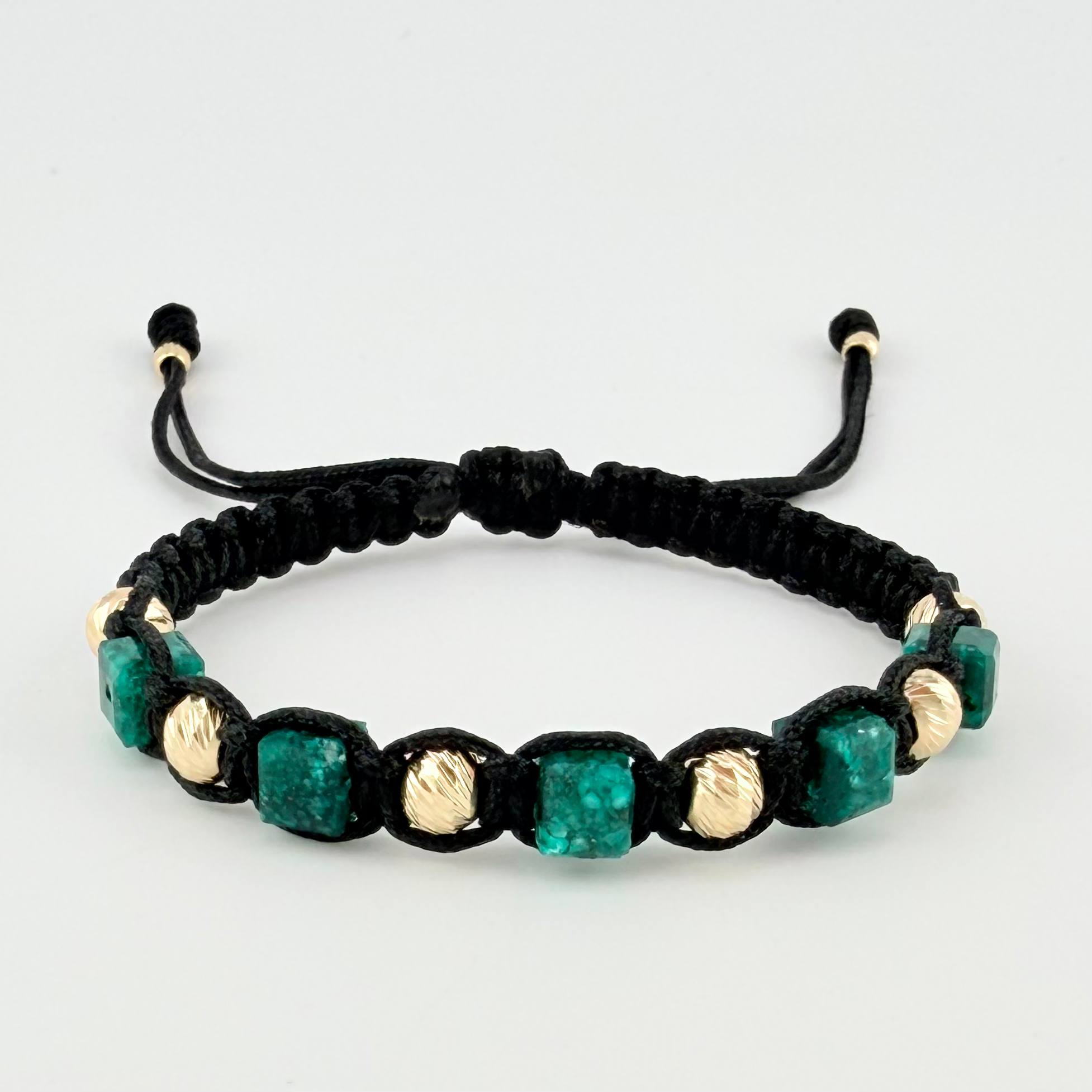 Black Woven Bracelet Rough Emerald Cubic 5Und Beads 8Und 18K Yellow Gold