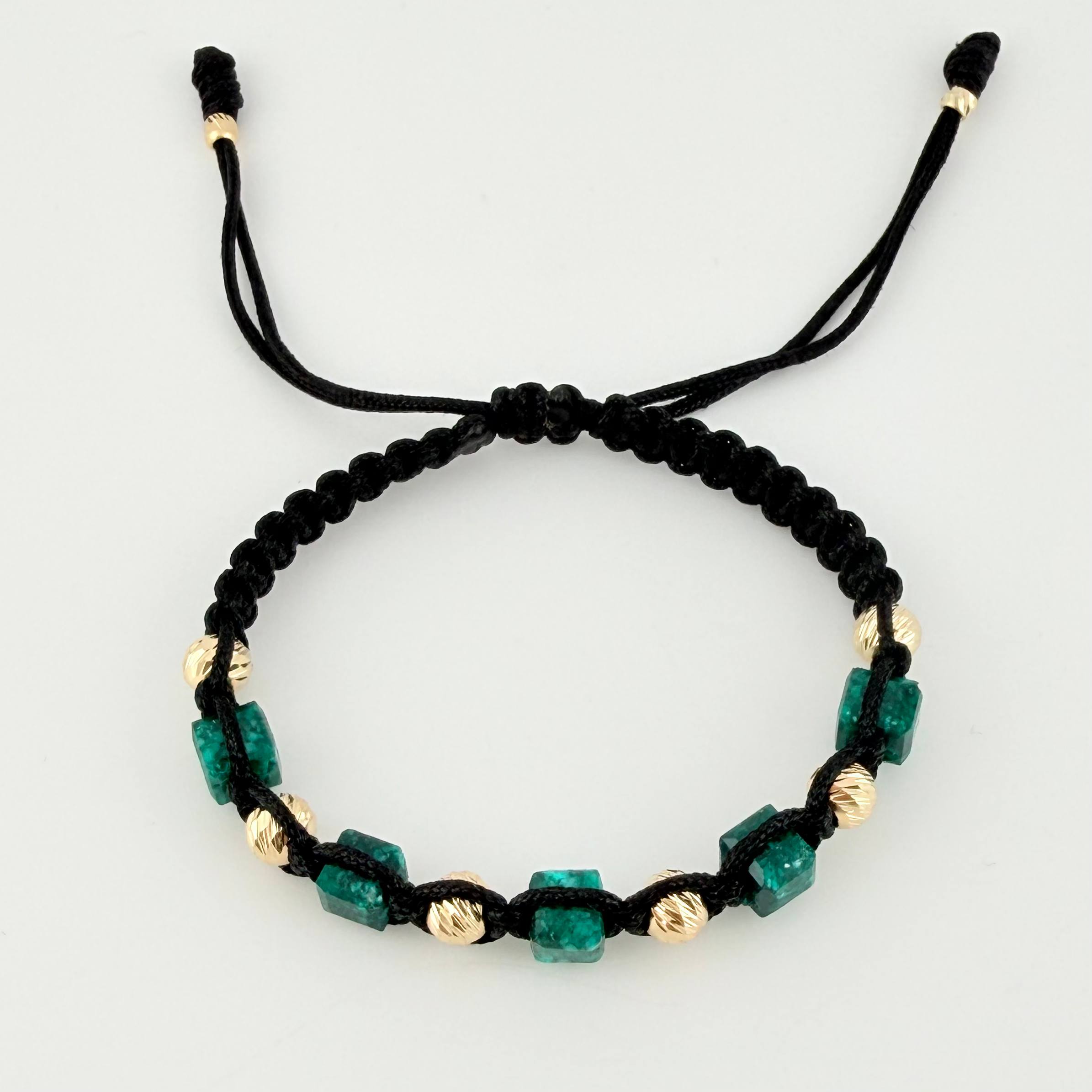 Black Woven Bracelet Rough Emerald Cubic 5Und Beads 8Und 18K Yellow Gold