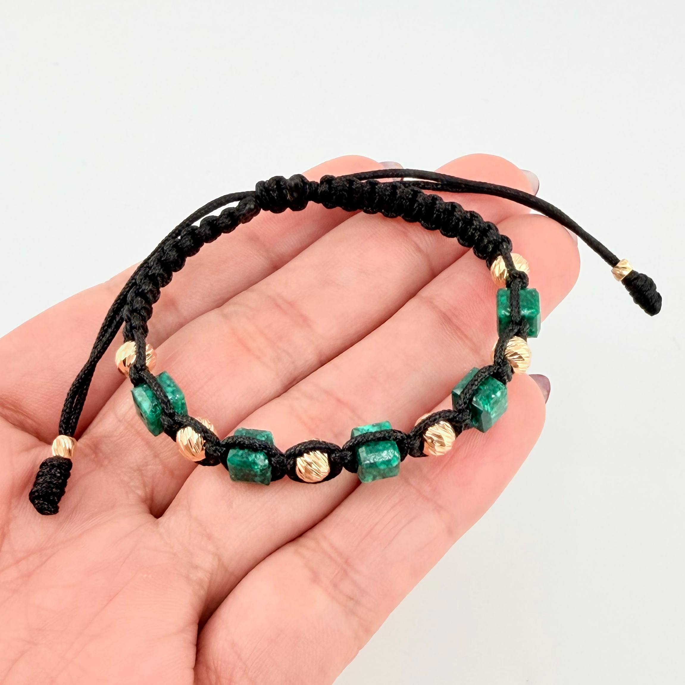 Black Woven Bracelet Rough Emerald Cubic 5Und Beads 8Und 18K Yellow Gold